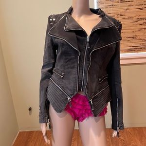 Shalang Dark Gray Denim And Stud Bomber Jacket Size XL